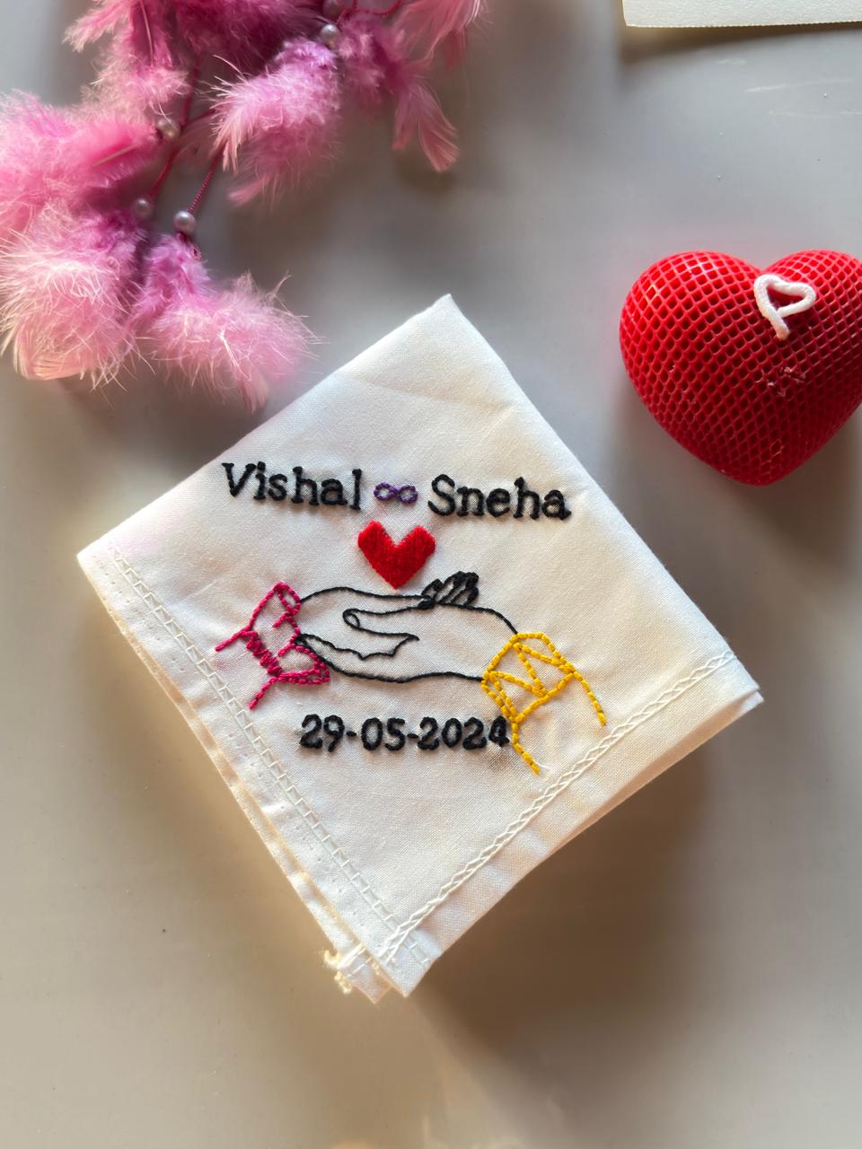 ❤️ Hand to Heart – Couple Name Handkerchief