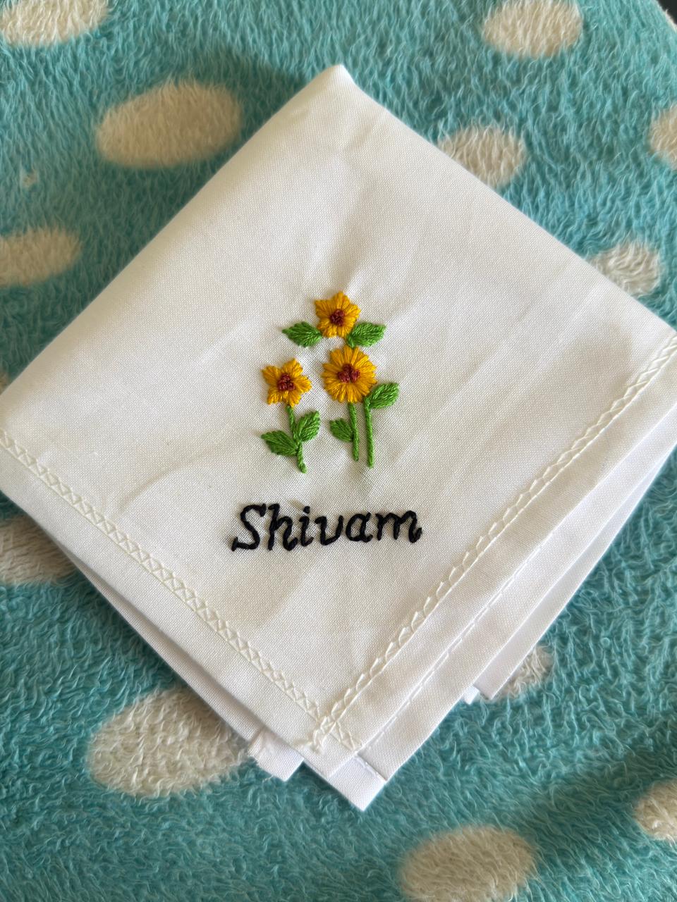 🌻 Sunflower Embroidery – Name Handkerchief