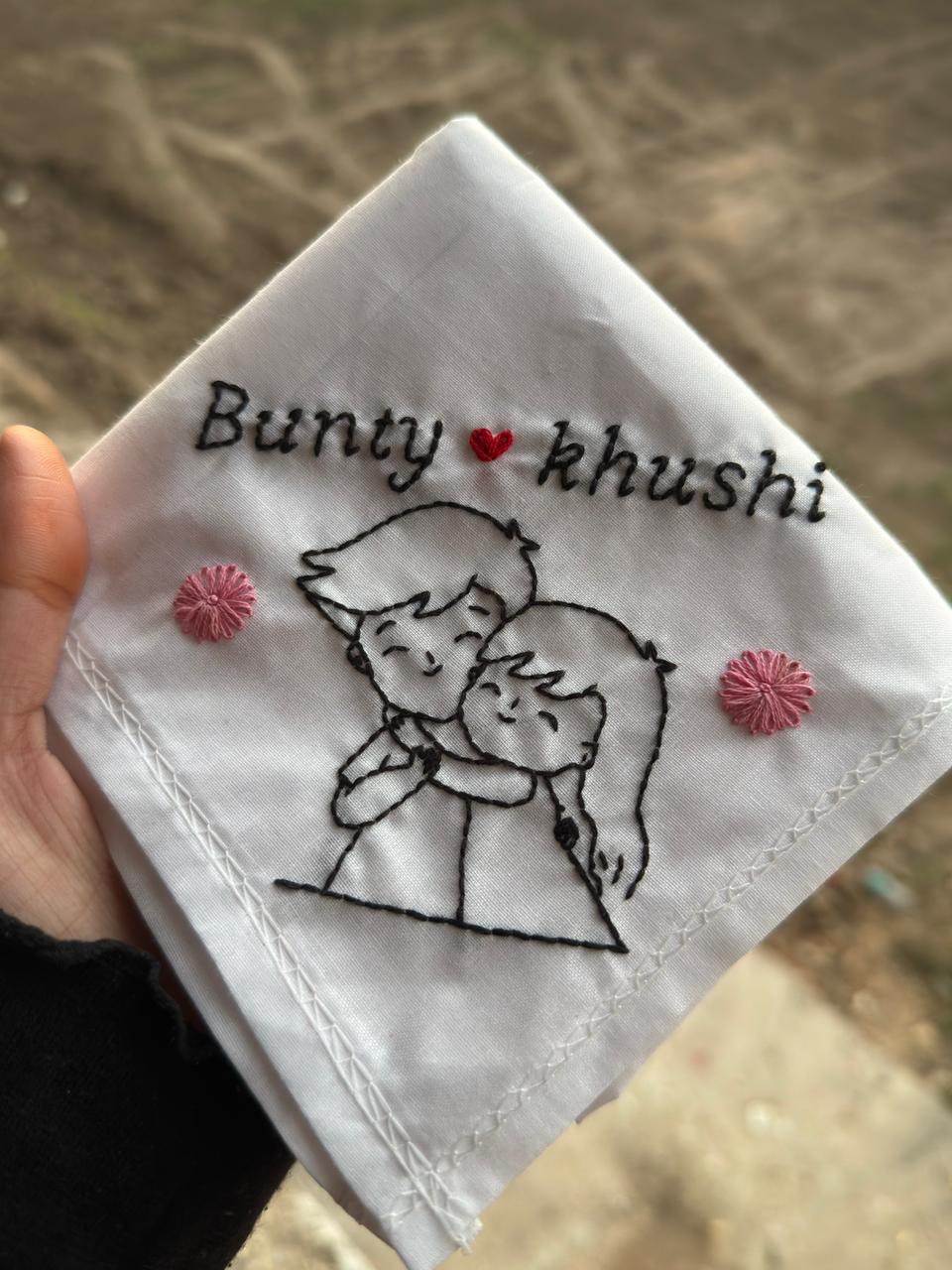 🫂🎀 Cute Couple Hug – Embroidered Handkerchief