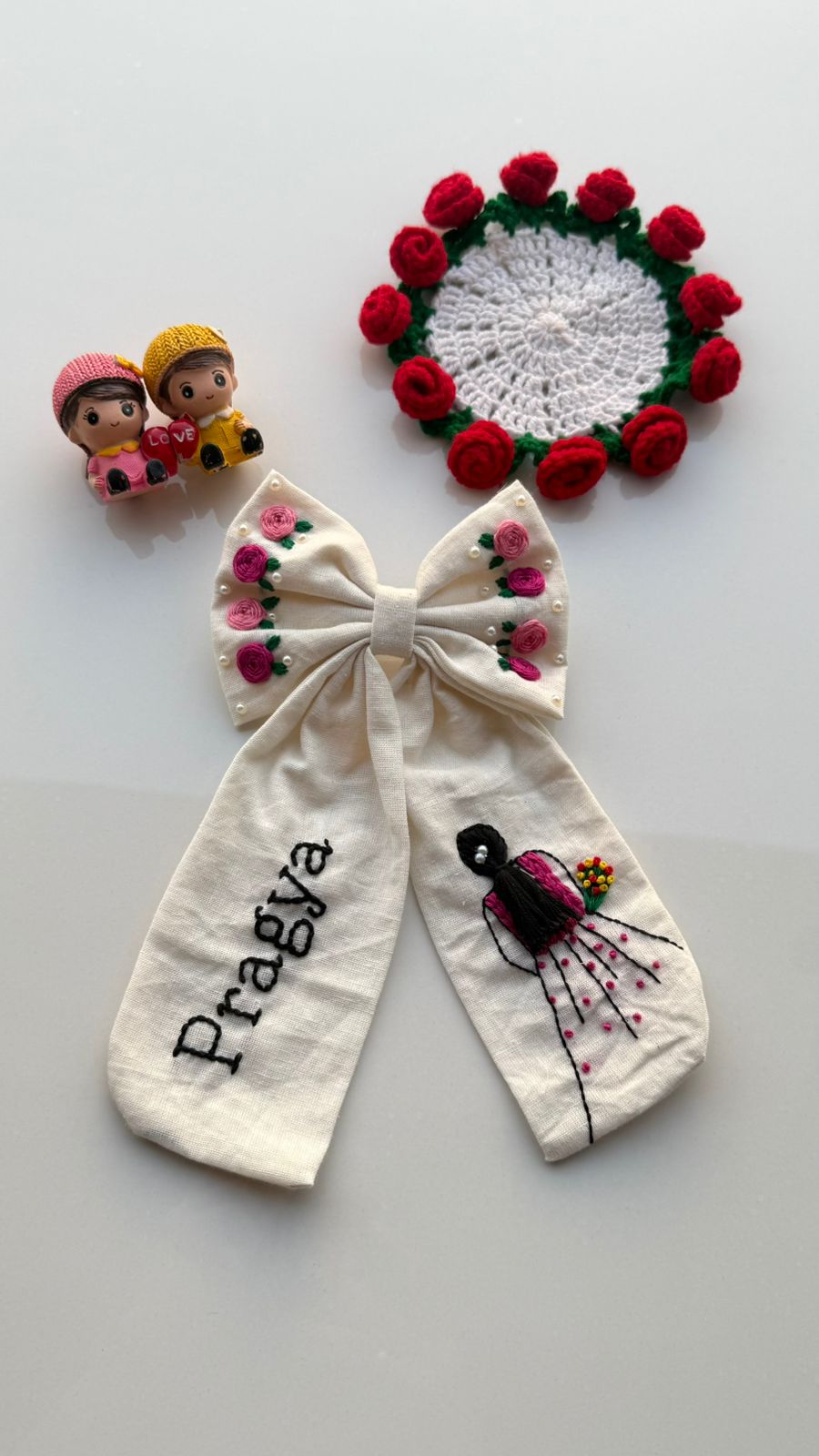 Aaina White Personalized Hand Embroidered Bow Hair Clip