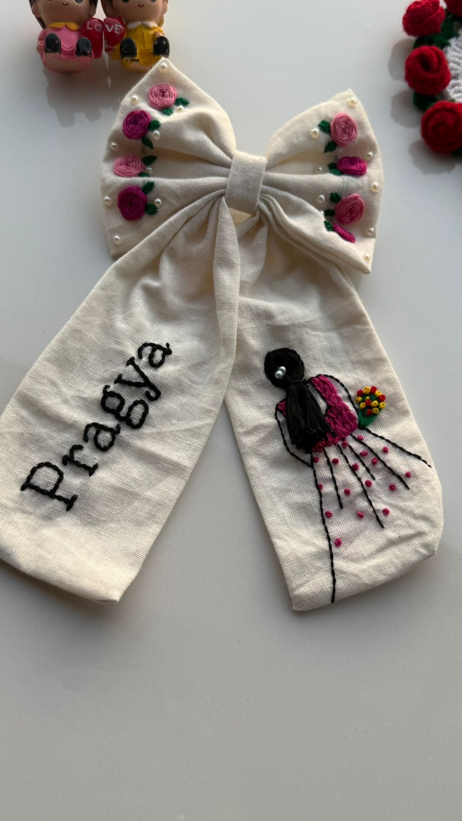 Aaina White Personalized Hand Embroidered Bow Hair Clip
