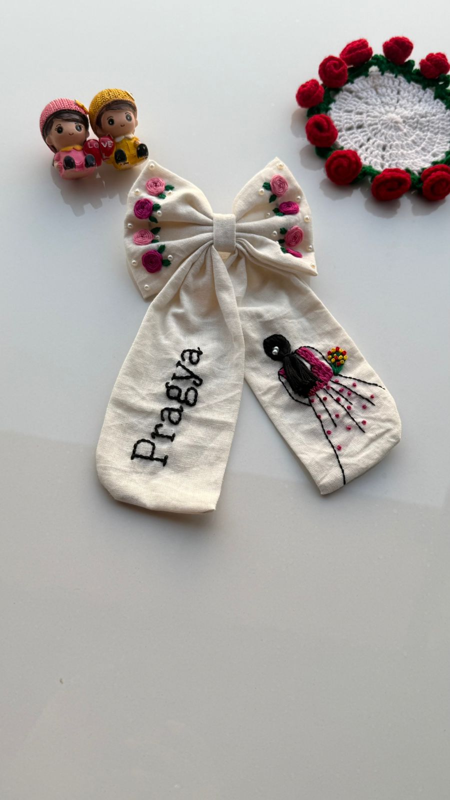 Aaina White Personalized Hand Embroidered Bow Hair Clip